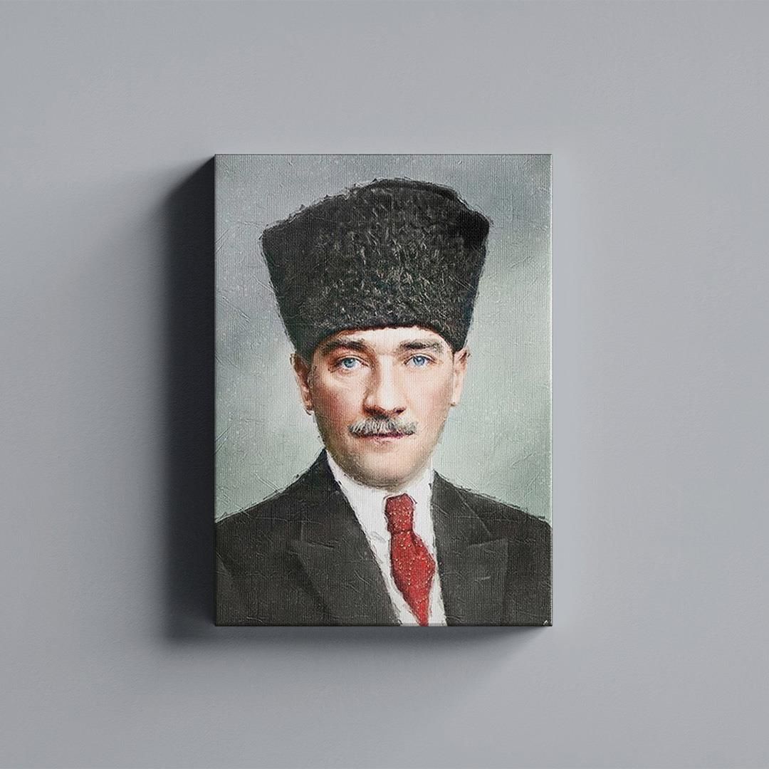 Gazi Mustafa Kemal Atatürk Kalpaklı Yağlı Boya Efektli Kanvas Tablo