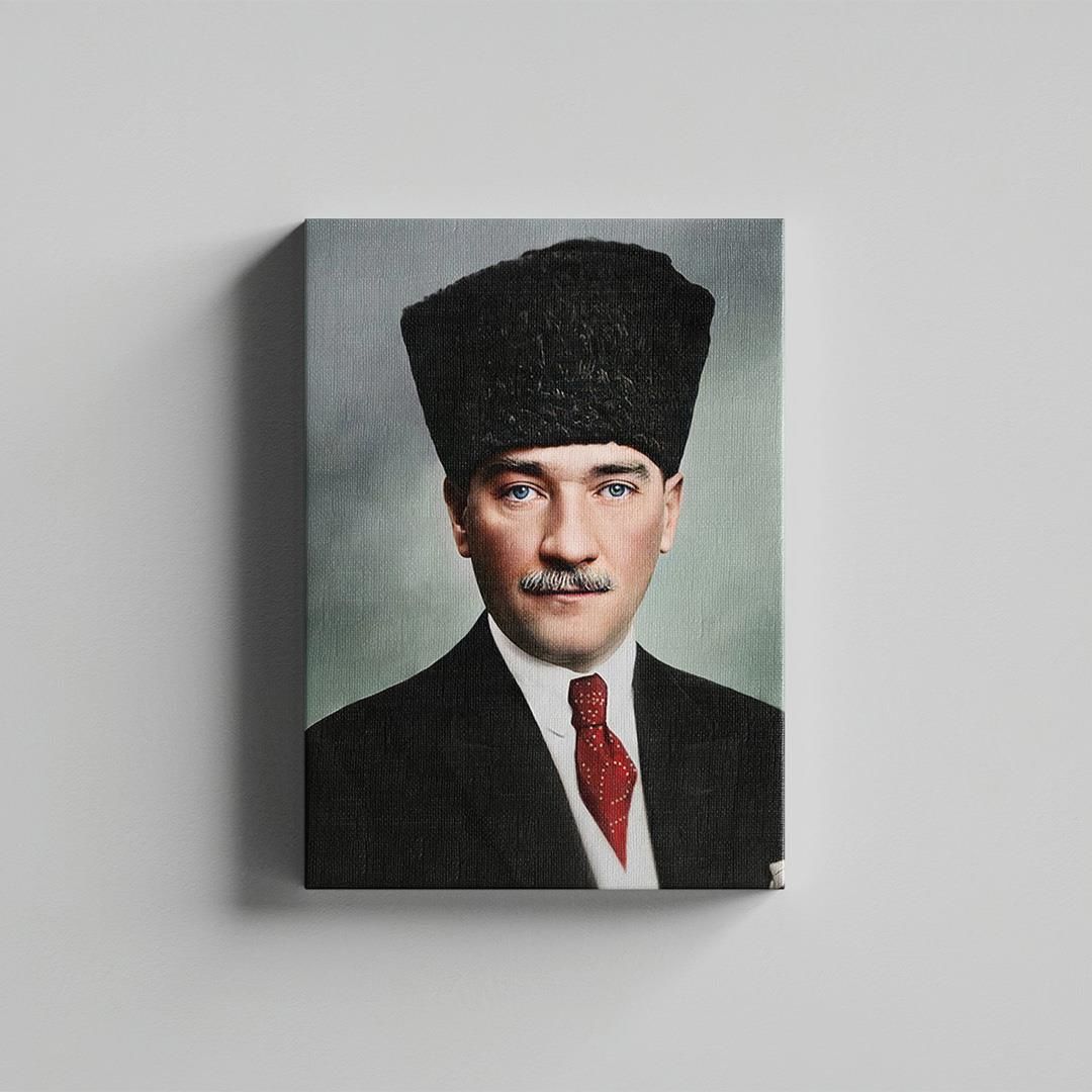 Mustafa Kemal Atatürk Mavi Gözlü Kravatlı Kalpaklı Kanvas Tablo
