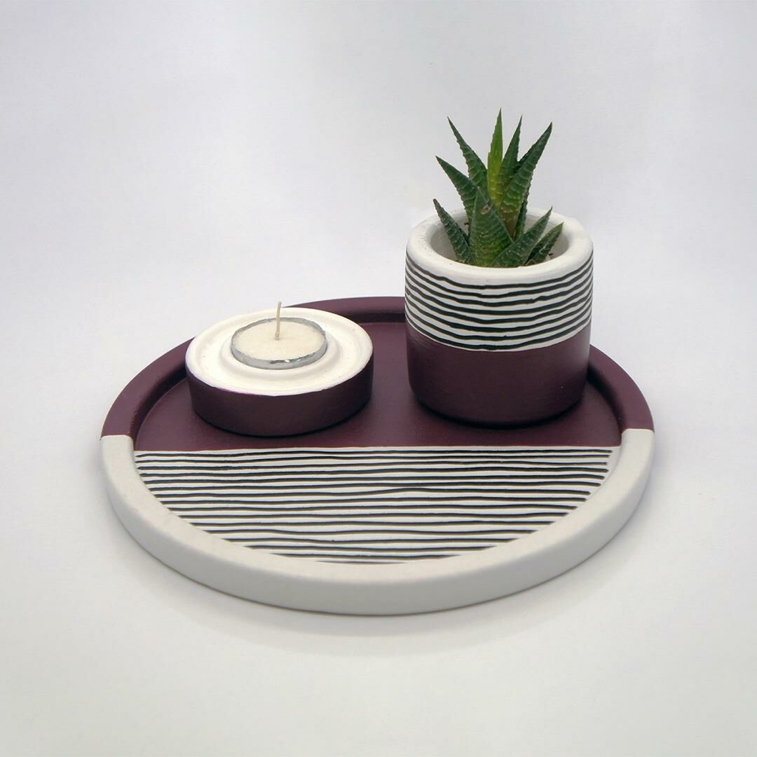 Beton Çizgili Mor Renkli Set (Tepsi, Saksı, Mumluk)