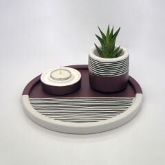 Beton Çizgili Mor Renkli Set (Tepsi, Saksı, Mumluk)