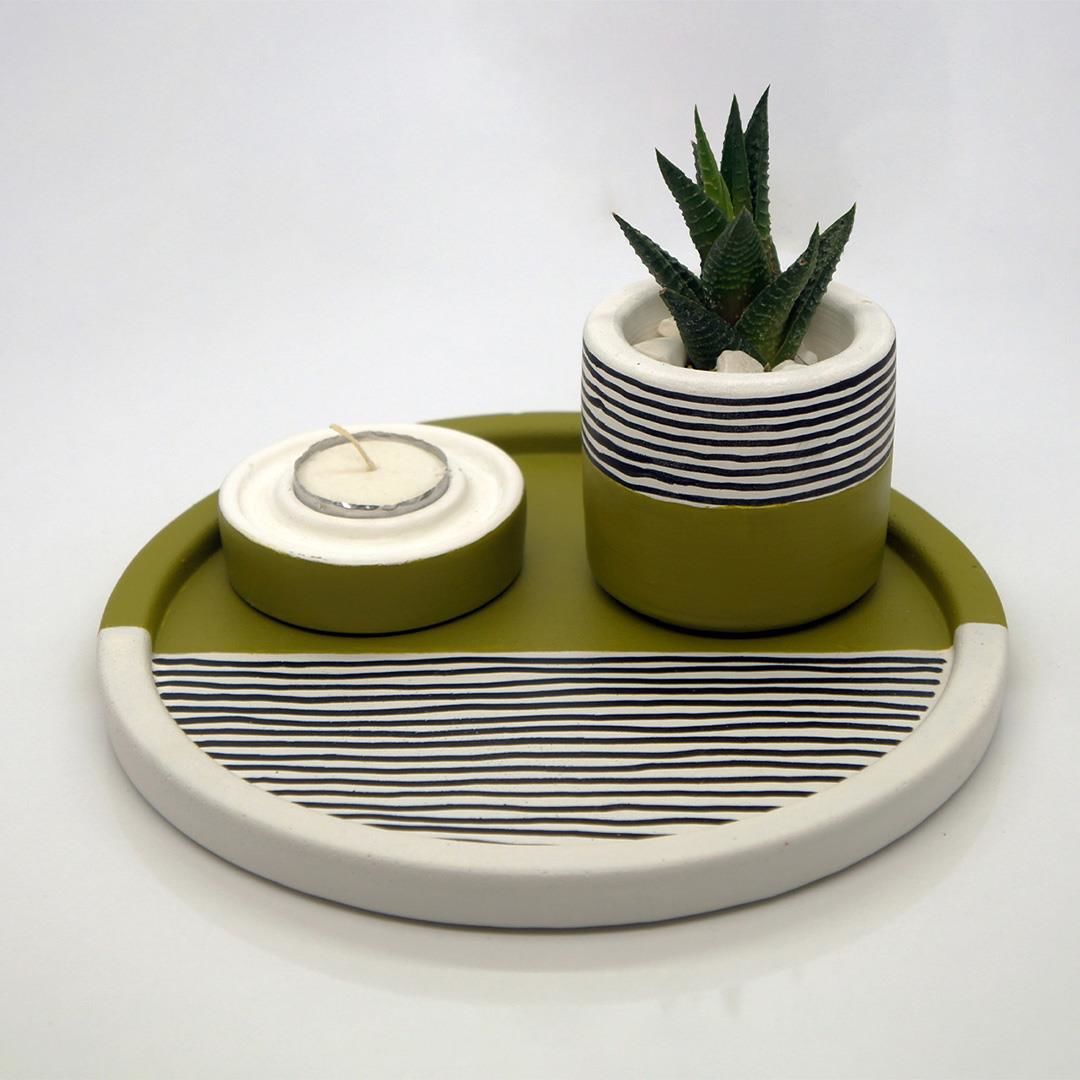 Beton Çizgili Yeşil Renkli Set (Tepsi, Saksı, Mumluk)
