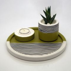 Beton Çizgili Yeşil Renkli Set (Tepsi, Saksı, Mumluk)
