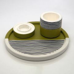 Beton Çizgili Yeşil Renkli Set (Tepsi, Saksı, Mumluk)