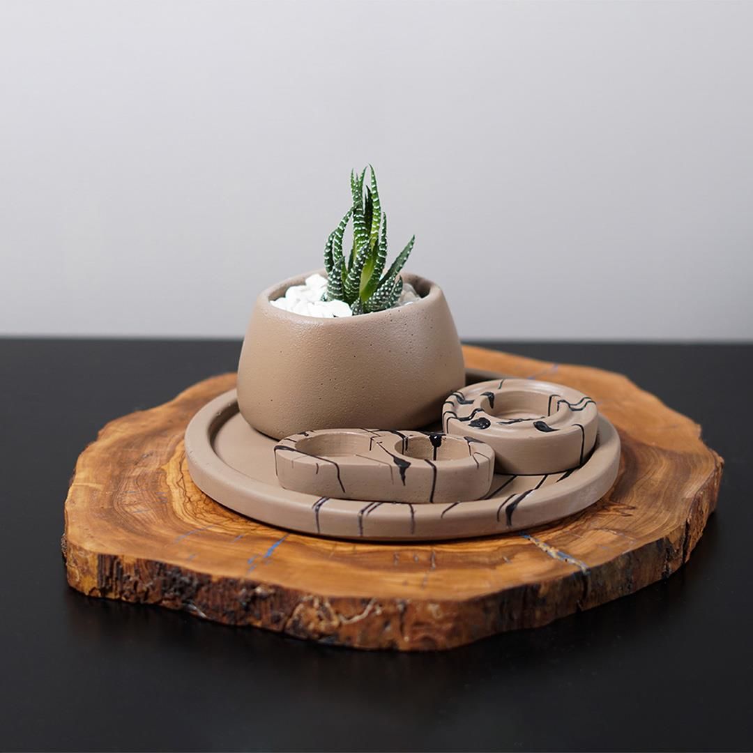 Beton Sütlü Kahve Set (Tepsi, Saksılık, Mumluklar)