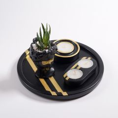 Beton Siyah Altın Şeritli Set (Tepsi, Helen, Mumluklar)