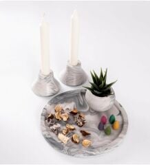 Beton Yuvarlak Tepsi + Şamdan + Mini Saksı Desenli Özel Tasarım