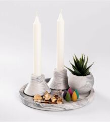 Beton Yuvarlak Tepsi + Şamdan + Mini Saksı Desenli Özel Tasarım
